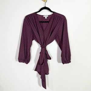 Allison Joy Maroon Blue Geometric Print 3/4 Sleeve Wrap Shirt